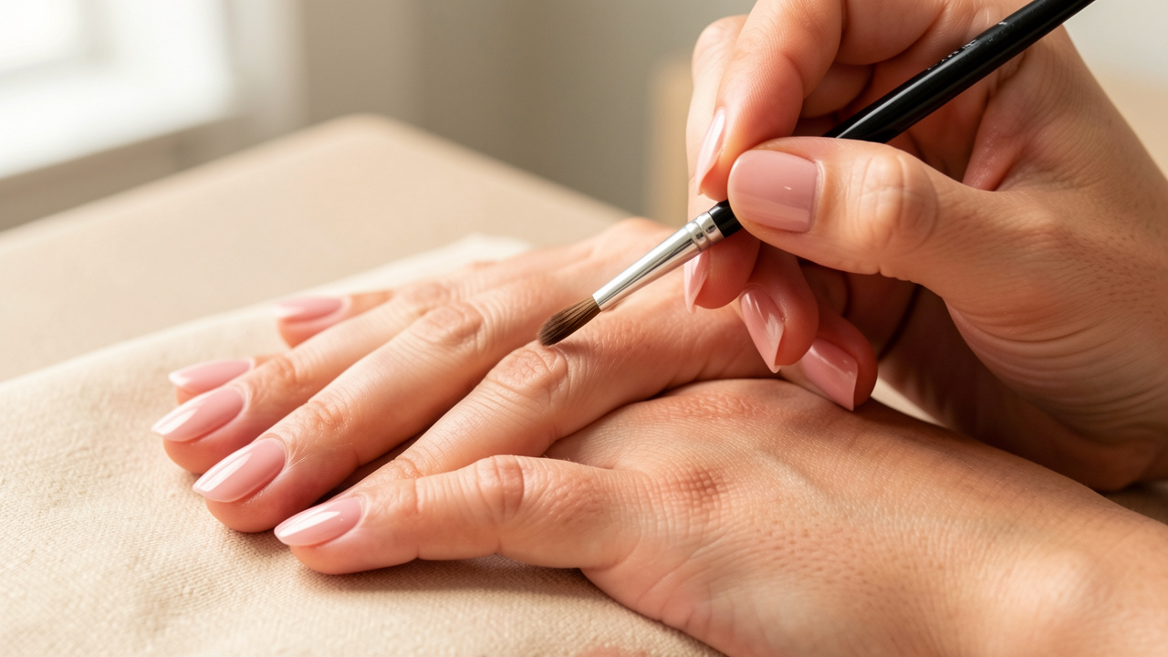 Mains féminines présentant une manucure en résine rose naturelle, avec un pinceau de finition dans un espace de beauté lumineux.