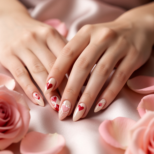 Mains d’une femme présentant une manucure de Saint-Valentin aux tons rose, rouge, nude et blanc, avec de délicats motifs de cœurs.
