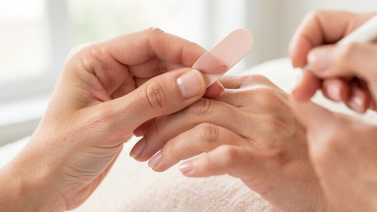 Main féminine utilisant délicatement un polissoir sur des ongles naturels pour obtenir une brillance douce.