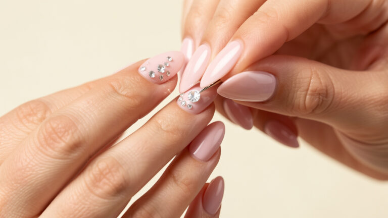 Gros plan sur les mains manucurées d’une femme avec de petits strass brillants délicatement posés sur des ongles rose pâle.