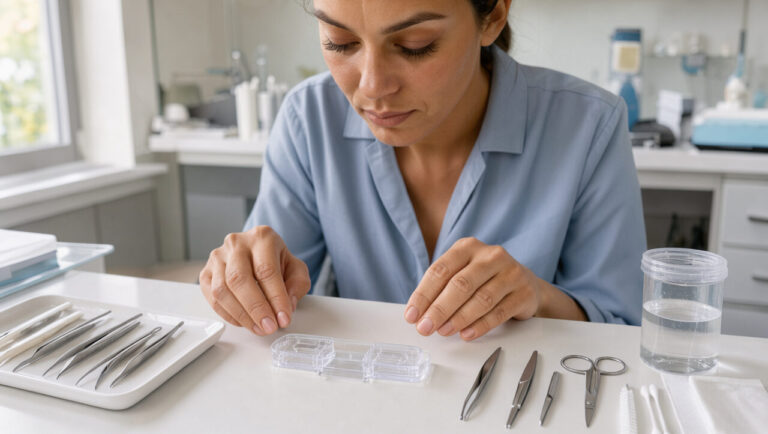Femme préparant soigneusement la pose d’extensions de cils et l’entretien de ses lentilles de contact dans un espace propre et lumineux.