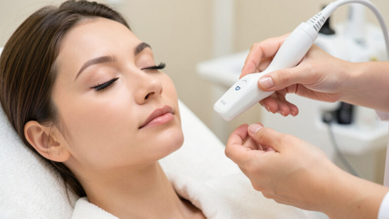 Gros plan d’une femme aux yeux fermés avec des extensions de cils fraîchement posées, tandis qu’une technicienne garde une lampe UV éteinte à distance dans un salon propre.