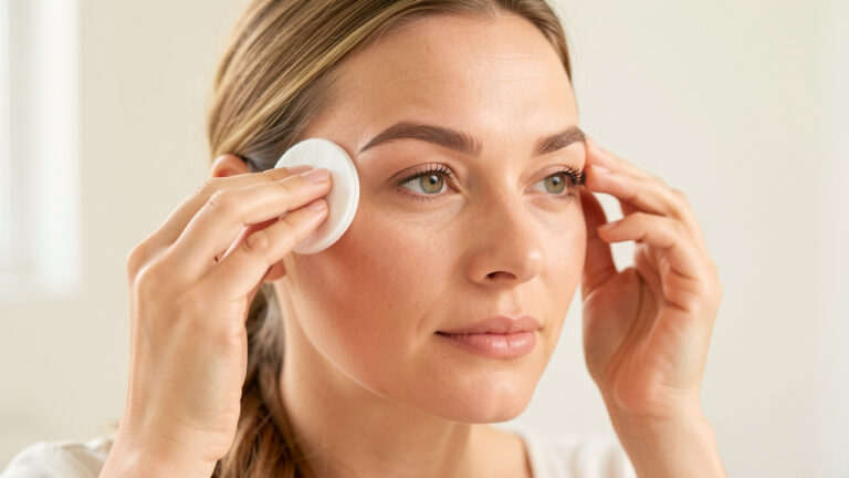 Femme nettoyant délicatement la peau autour de ses sourcils avant un soin esthétique.