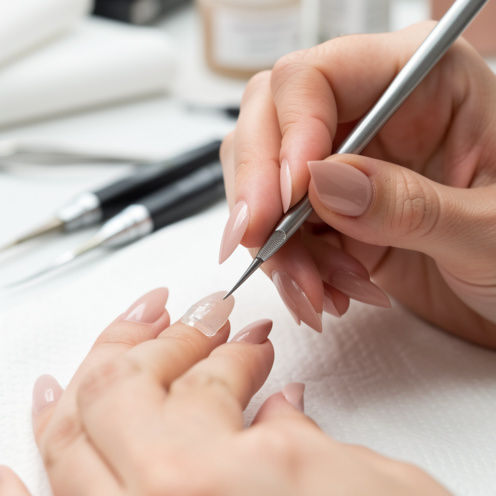 Gros plan sur les mains d’une femme pendant une extension d’ongles au chablon, avec des outils de manucure et un vernis nude rosé sur un poste de travail propre.