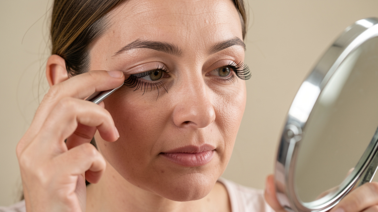 Gros plan sur une femme examinant dans un miroir des extensions de cils très longues et denses qui semblent alourdir la ligne des cils naturels.