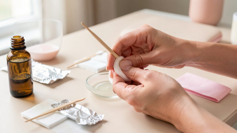 Mains d’une femme réalisant doucement le retrait de vernis en gel avec des cotons, des papillotes, un bâtonnet à cuticules et une huile nourrissante.