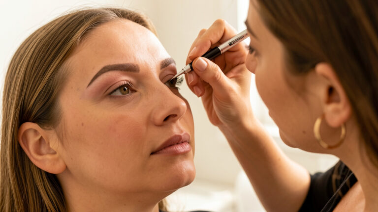 Gros plan d’une femme recevant une retouche délicate de maquillage permanent des sourcils par une esthéticienne dans un studio lumineux.