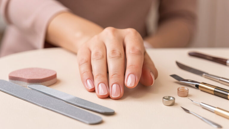 Main féminine présentant des ongles en gel brillants avec une repousse visible près des cuticules, accompagnée d’outils de manucure.