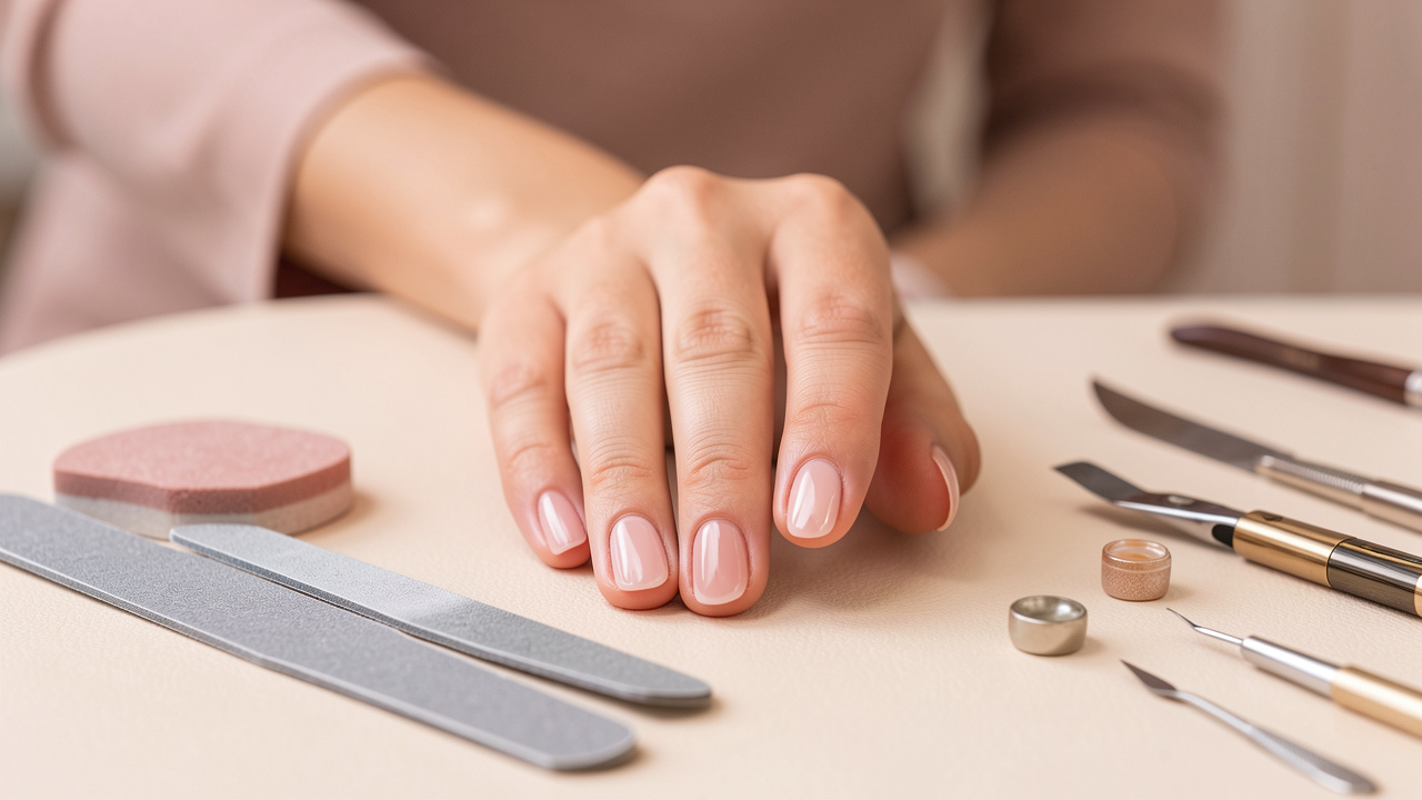 Main féminine présentant des ongles en gel brillants avec une repousse visible près des cuticules, accompagnée d’outils de manucure.