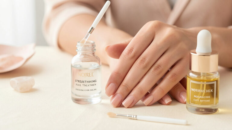 Mains féminines aux ongles naturels et soignés, accompagnées d’un soin durcisseur transparent, d’un pinceau et d’une huile nourrissante pour les cuticules.