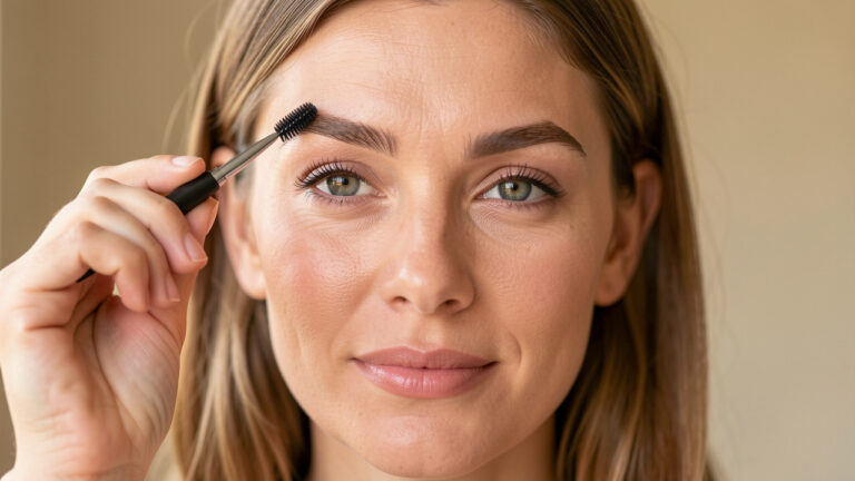 Portrait rapproché d’une femme brossant délicatement ses sourcils vers le haut pour structurer naturellement son regard.