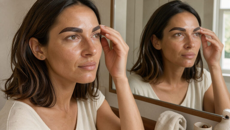 Femme observant dans un miroir ses sourcils fraîchement maquillés, dont la couleur paraît très foncée après la séance.