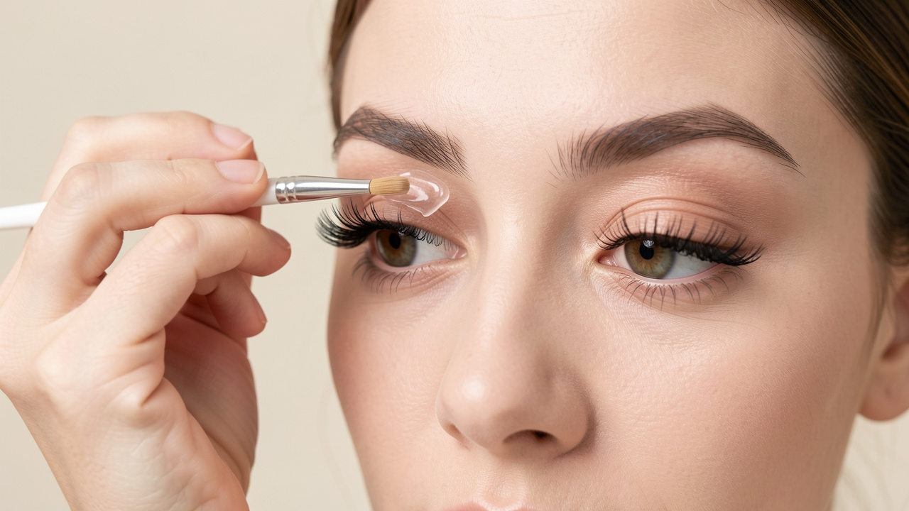 Gros plan sur une femme appliquant délicatement un top coat transparent sur ses extensions de cils à l’aide d’un petit pinceau cosmétique.