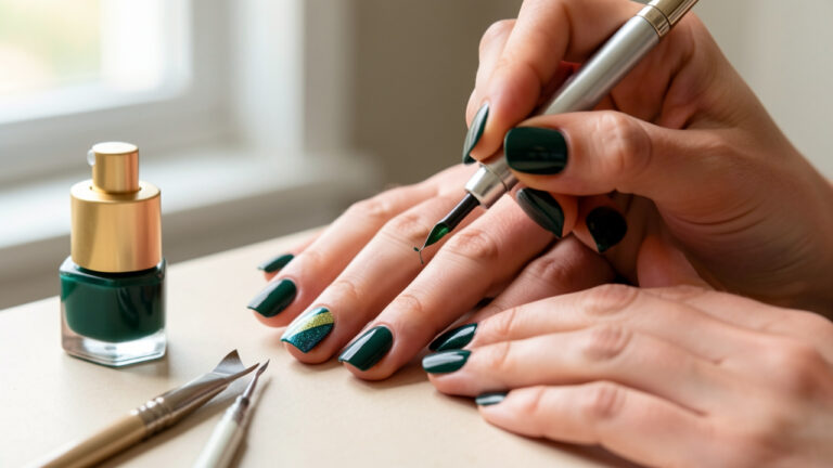 Gros plan sur une femme réalisant une manucure avec un vernis magnétique vert émeraude créant un effet œil de chat lumineux.
