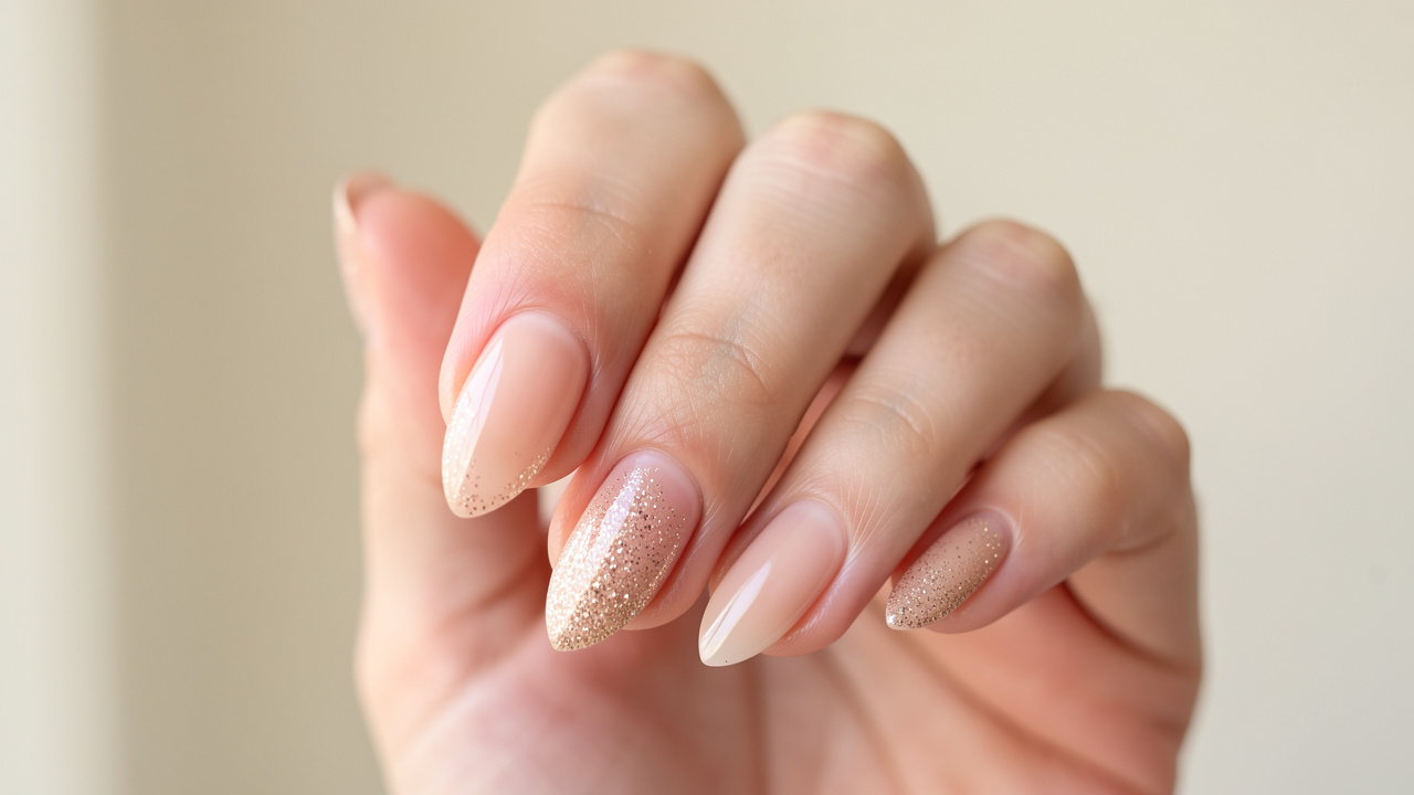 Main féminine présentant une manucure en gel nude avec de fines paillettes champagne délicatement concentrées sur les pointes.