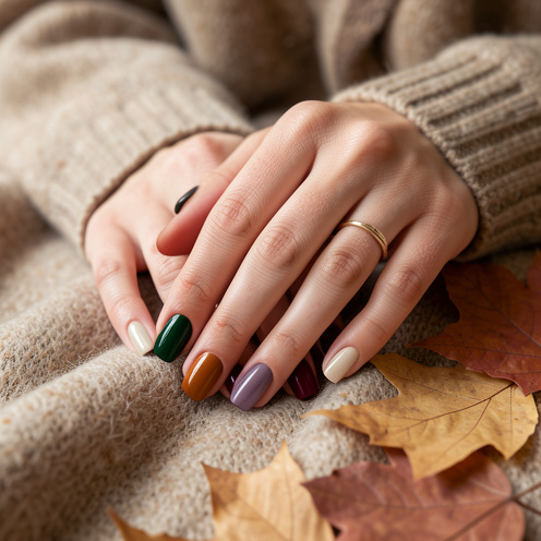 Mains d’une femme présentant une manucure élégante aux teintes automne-hiver : bordeaux, vert forêt, caramel, prune et beige crème.